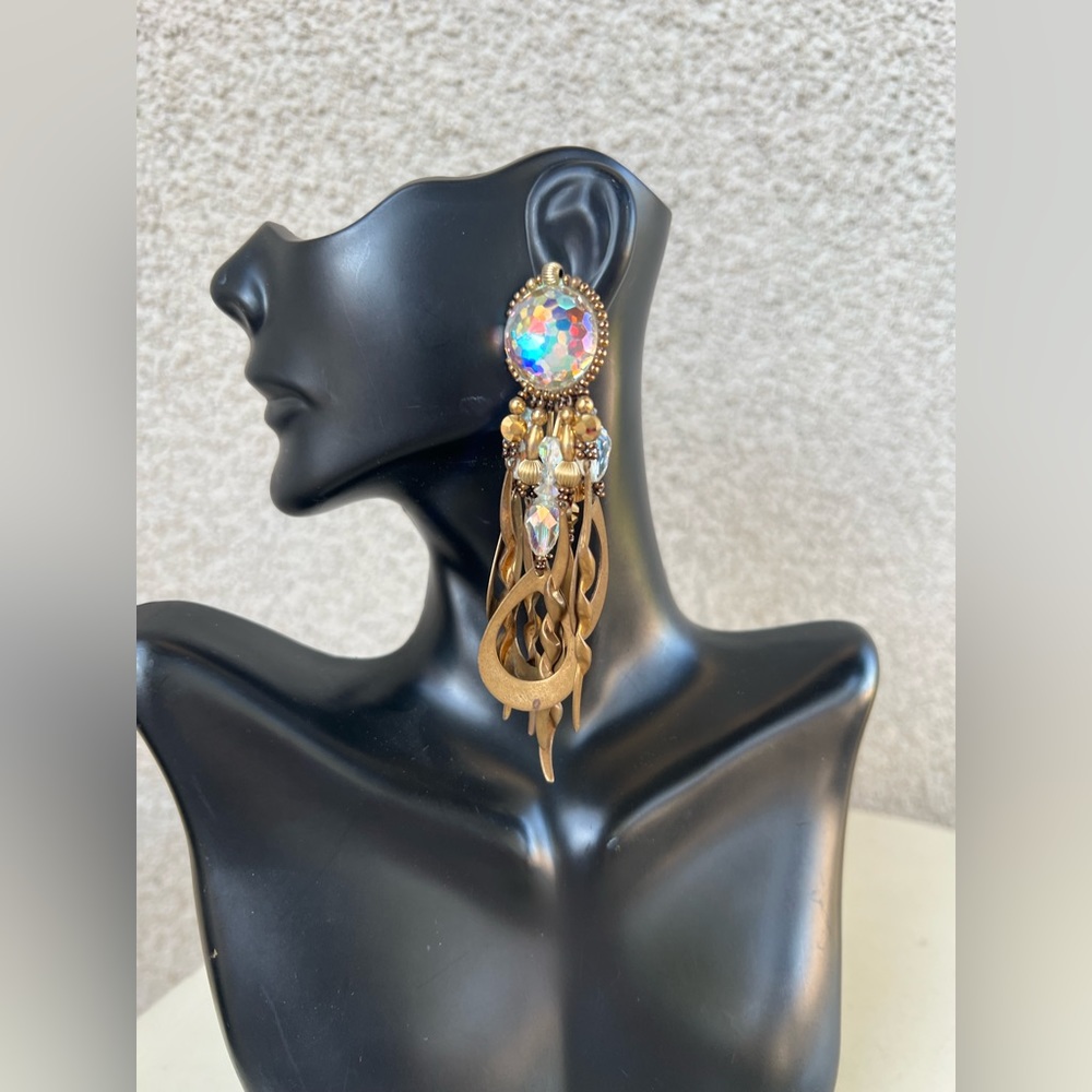 Vintage 80s new wave cluster dangle earrings pierced rhinestone copper tone